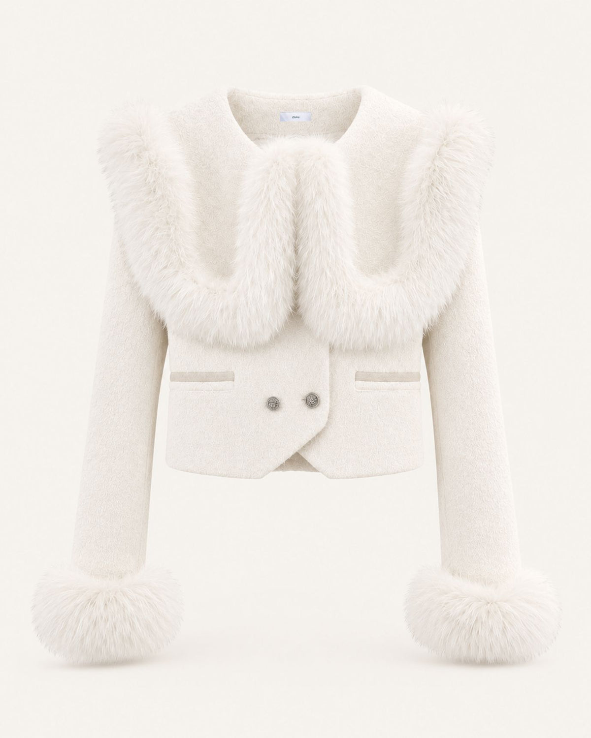 High-Waisted Cropped Cashmere Coat with Fox Fur Collar