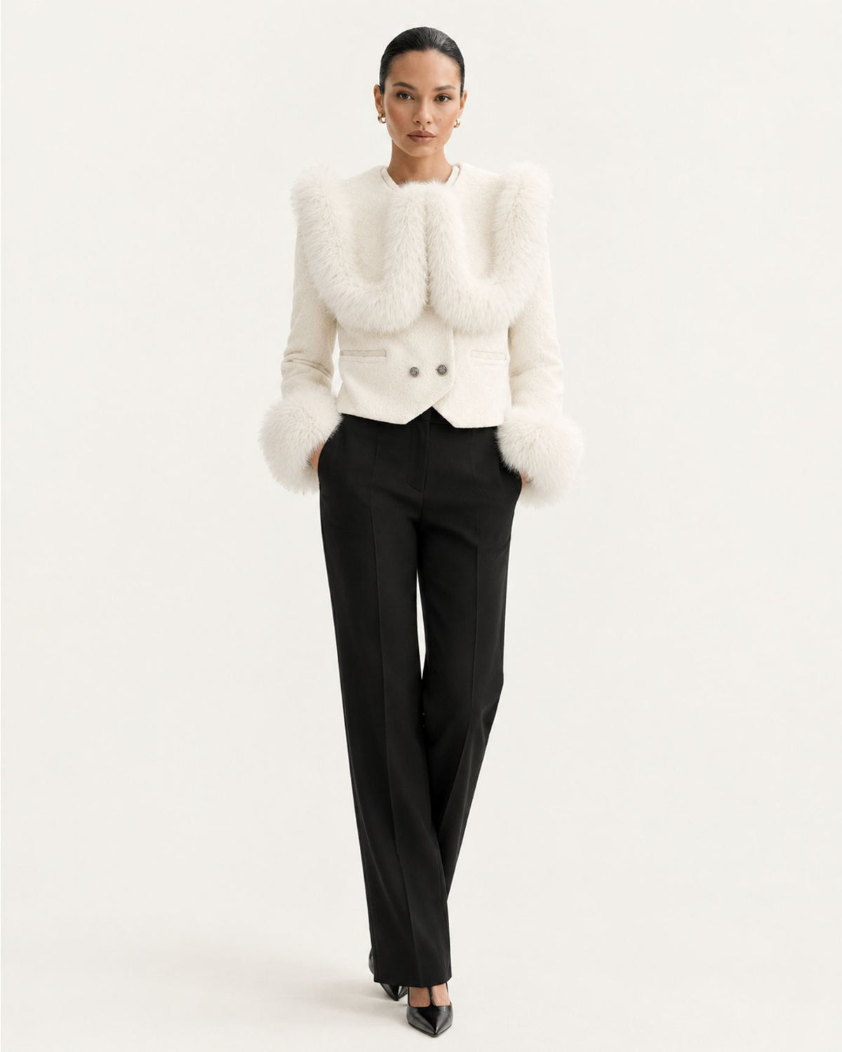 High-Waisted Cropped Cashmere Coat with Fox Fur Collar