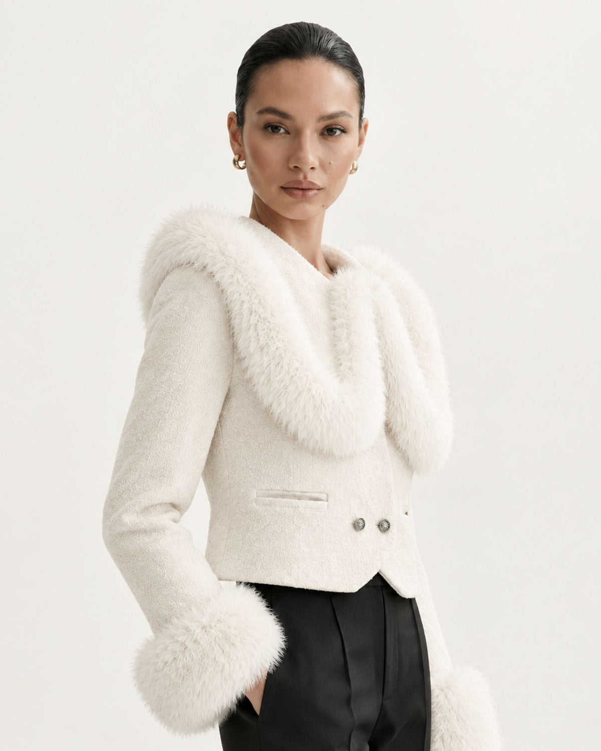 High-Waisted Cropped Cashmere Coat with Fox Fur Collar