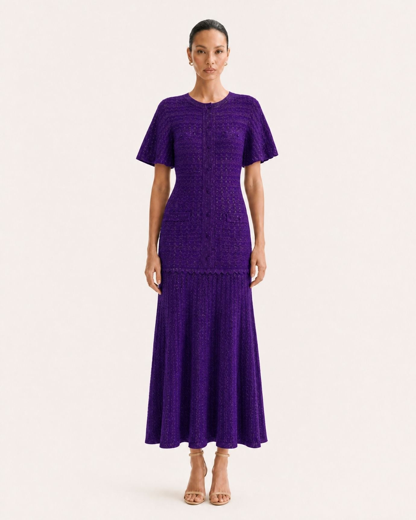 Anna Rhinestone Short-Sleeve Round-Neck Celebrity Dress