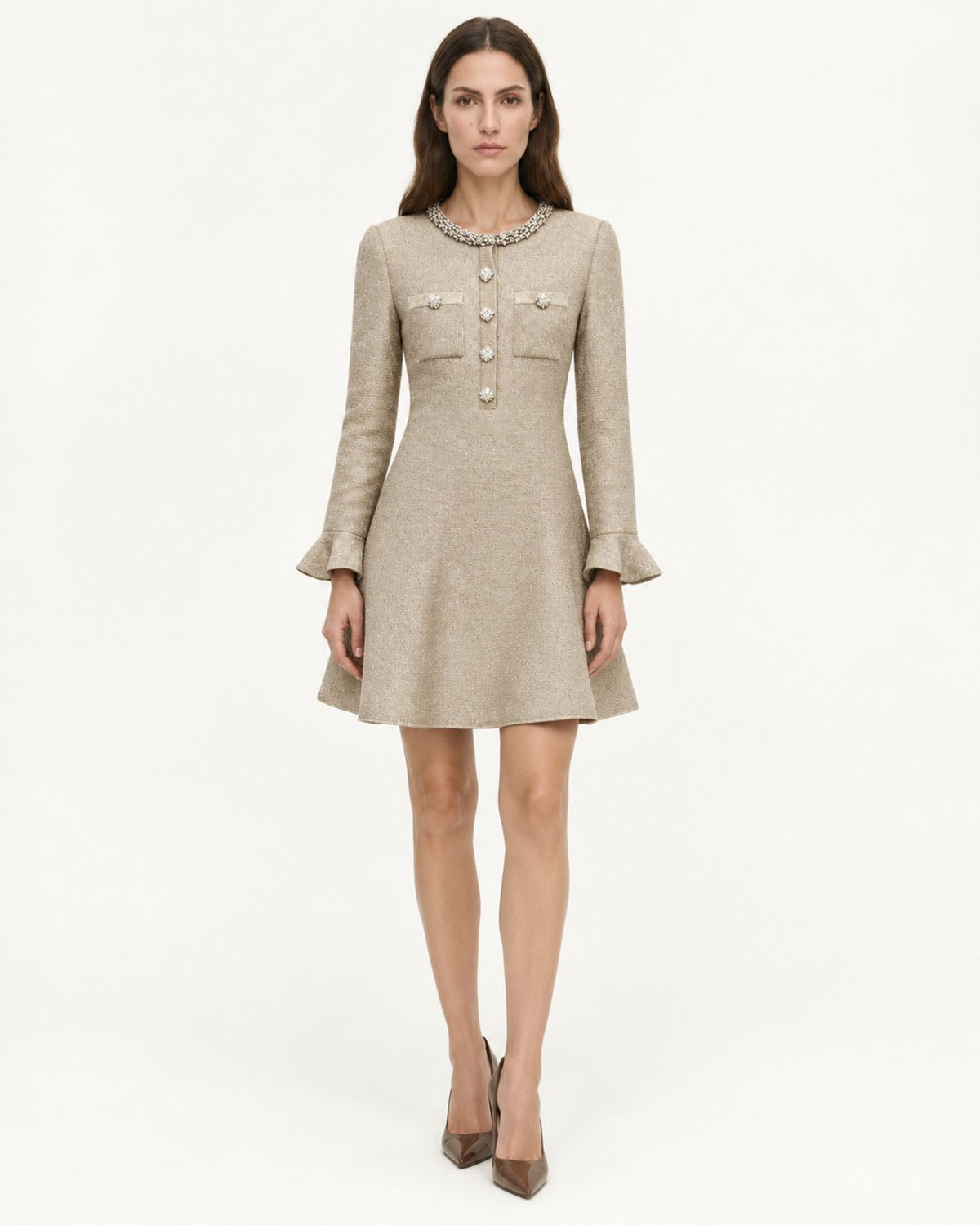 Zira Gold Stretch-Knit Ruffle Mini Dress