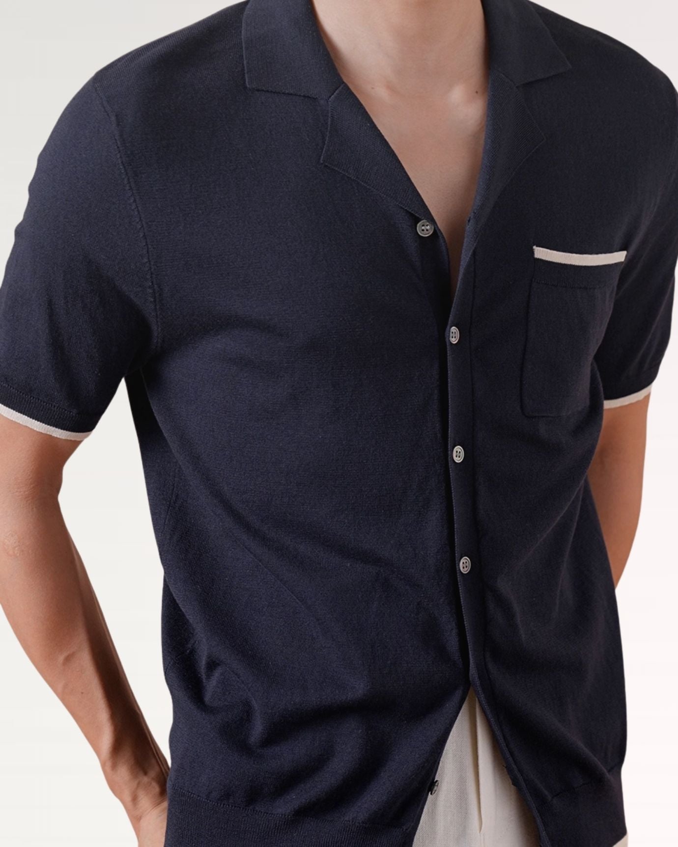 Detail of classic Cuban collar and buttons on Royal Blue cotton shirt