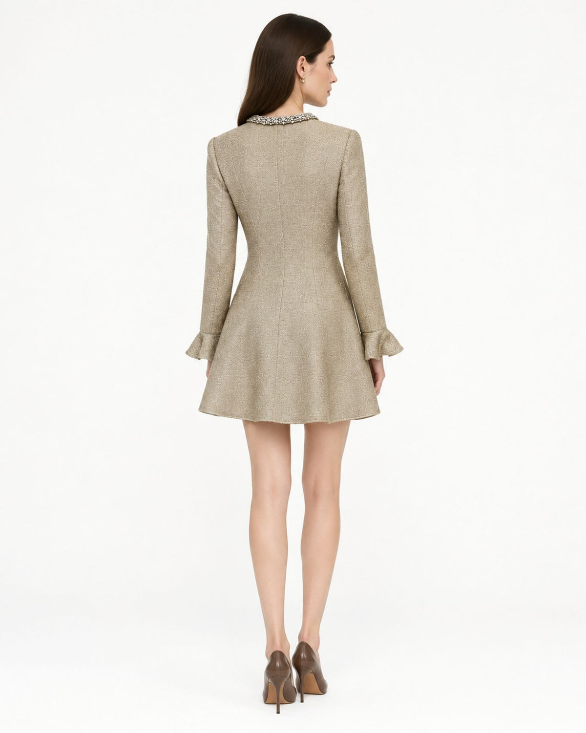 Zira Gold Stretch-Knit Ruffle Mini Dress