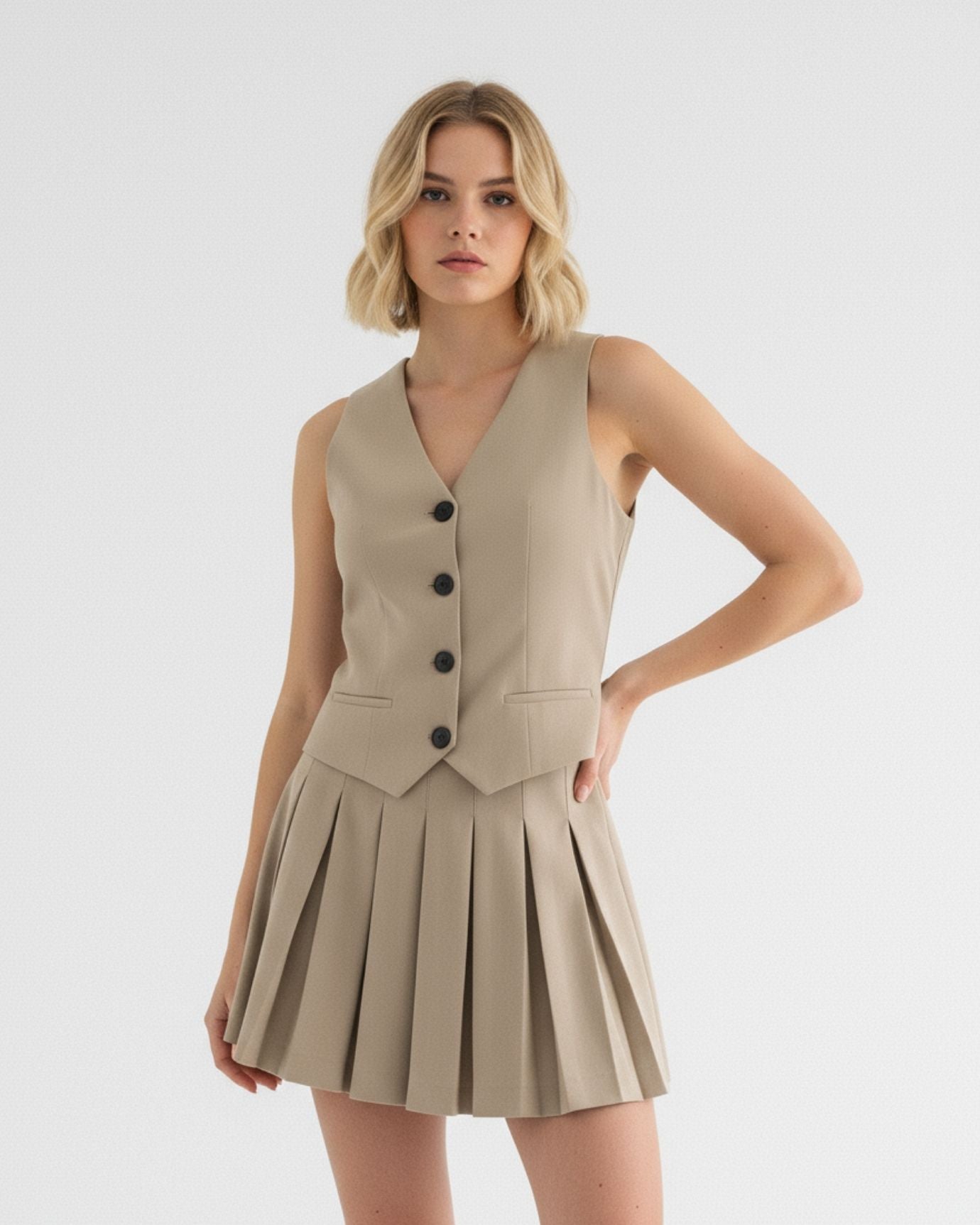 Vestido plisado a rayas con cuello en V de Londres