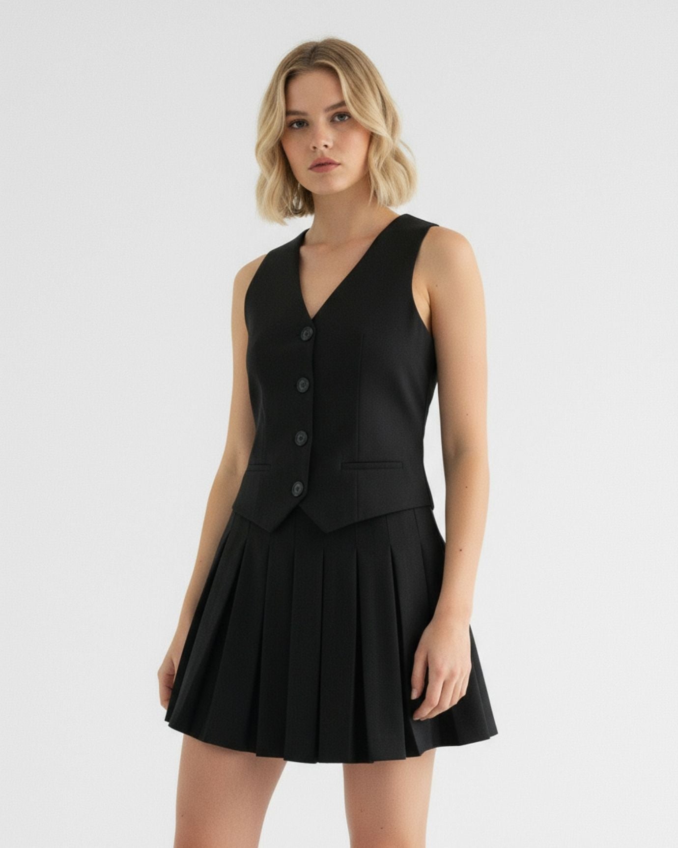 Vestido plisado a rayas con cuello en V de Londres