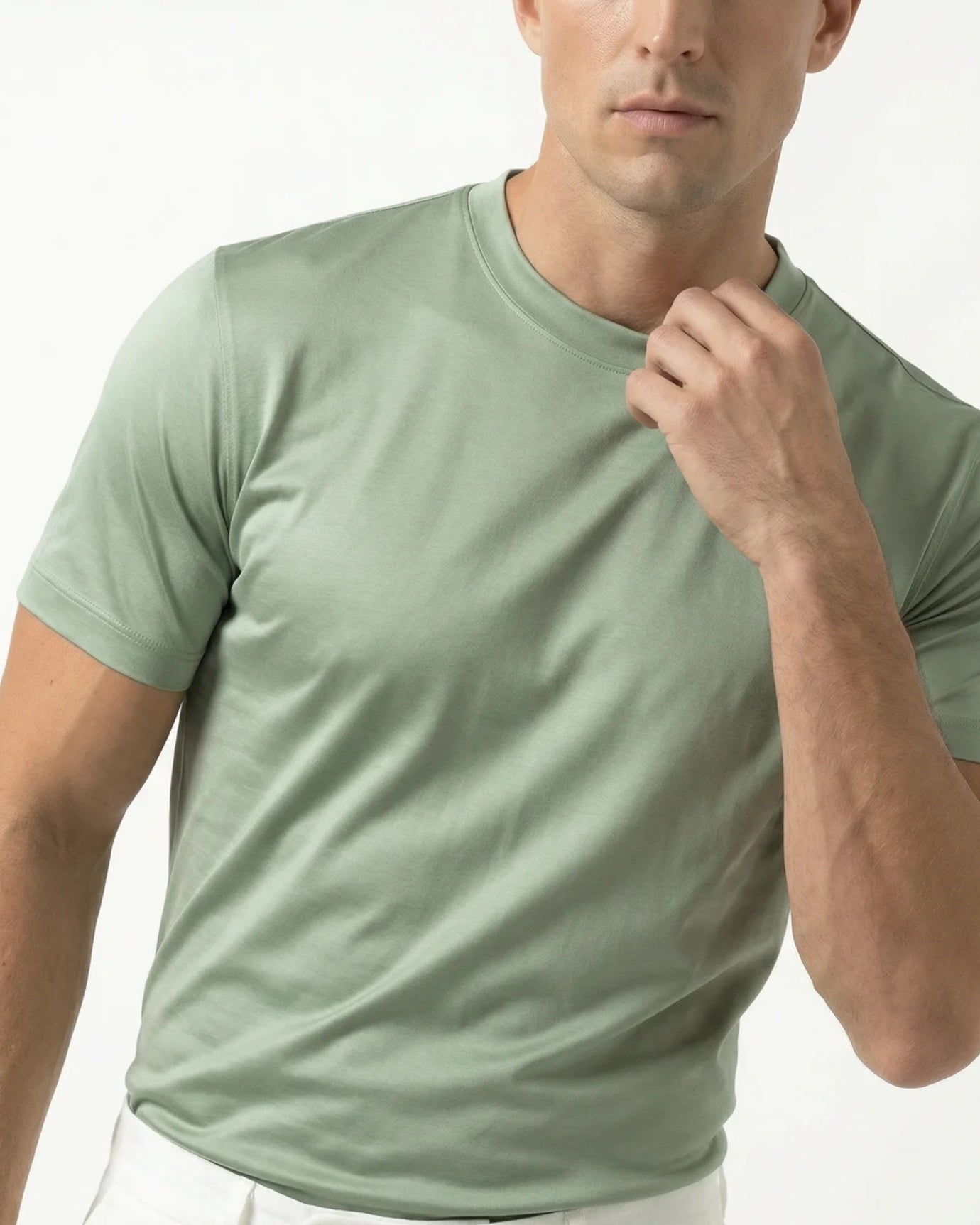 High-Count Green Tea Mercerized Cotton Round Neck Breathable T-Shirt