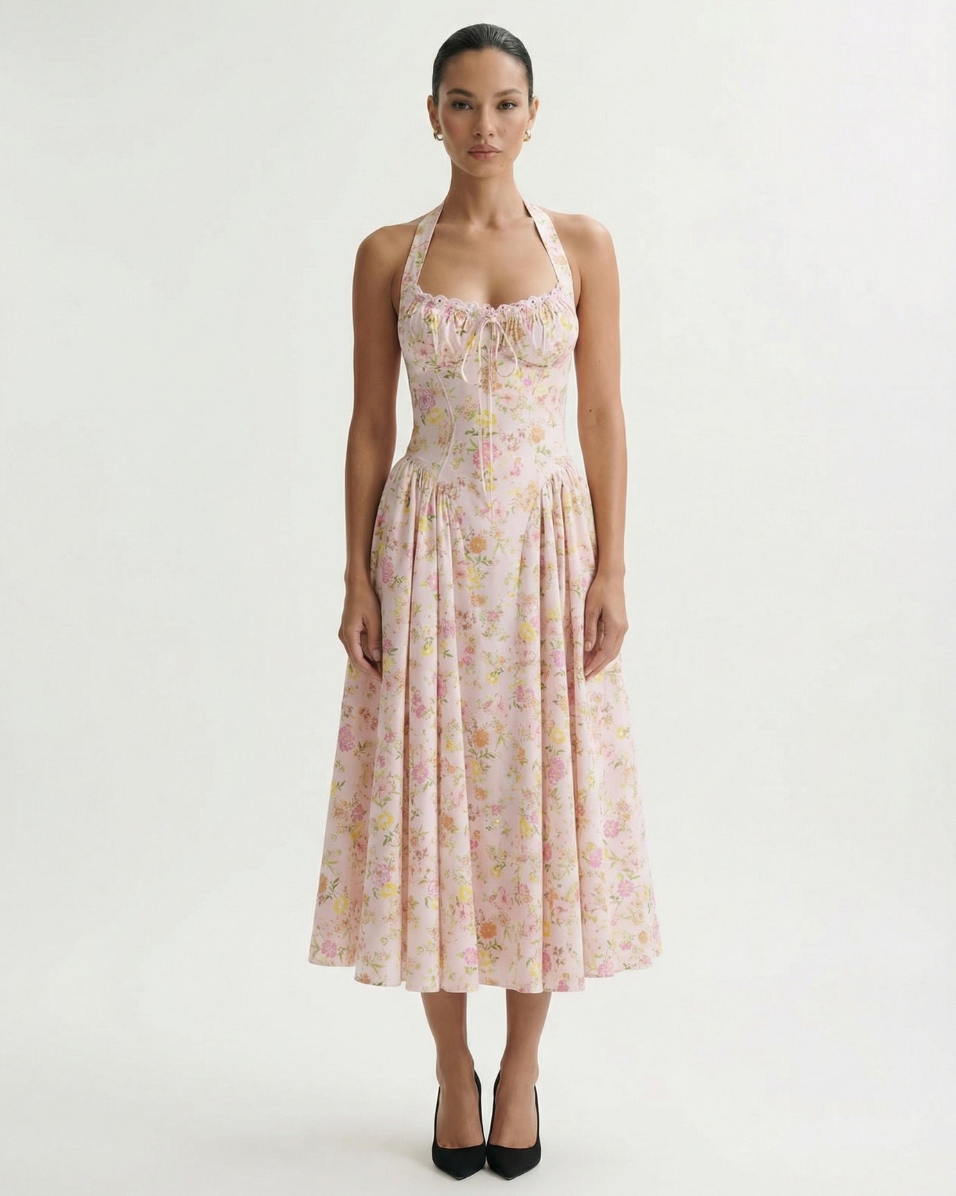 Vestido rosa con estampado Santorini y cuello halter