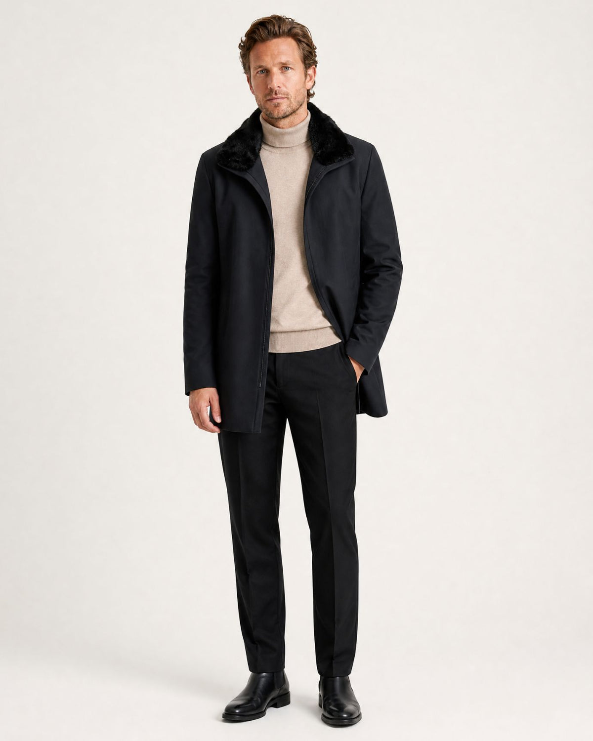High-end Mid-Length Mink-Lined Parka with Fur Collar