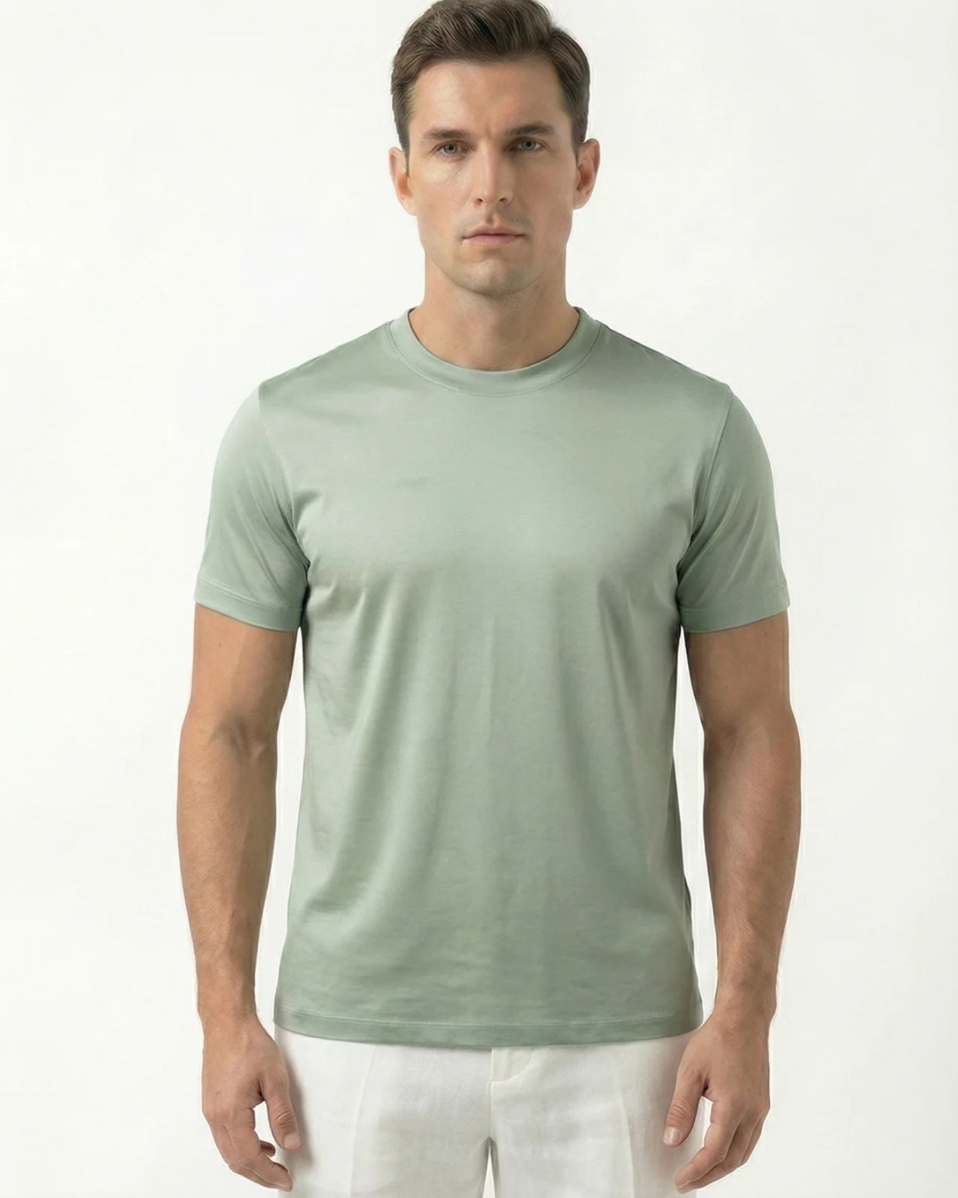 High-Count Green Tea Mercerized Cotton Round Neck Breathable T-Shirt