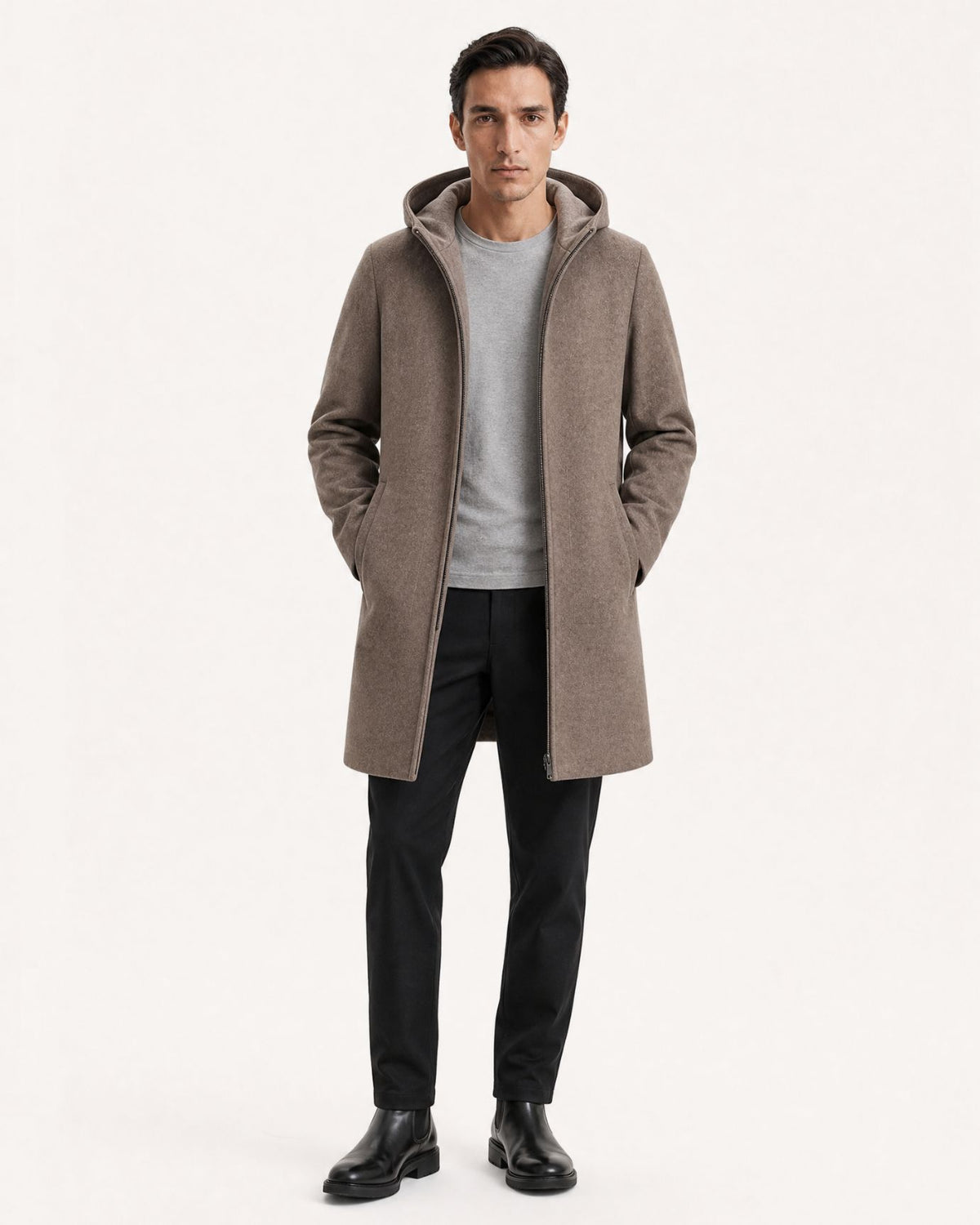 Hooded Double-Faced Wool Coat with Down Liner