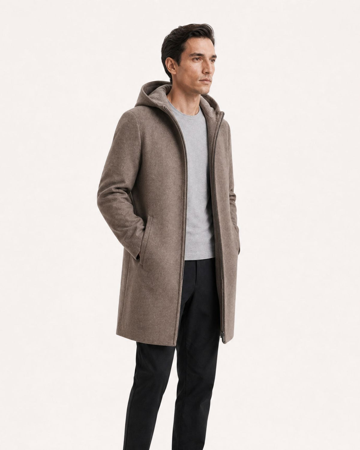 Hooded Double-Faced Wool Coat with Down Liner