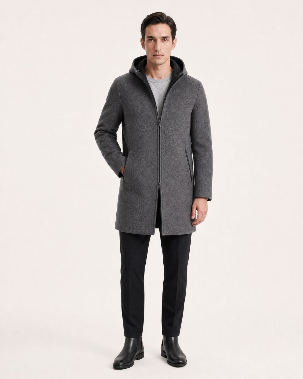 Hooded Double-Faced Wool Coat with Down Liner