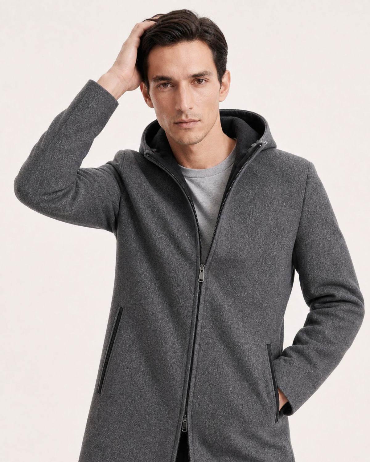 Hooded Double-Faced Wool Coat with Down Liner