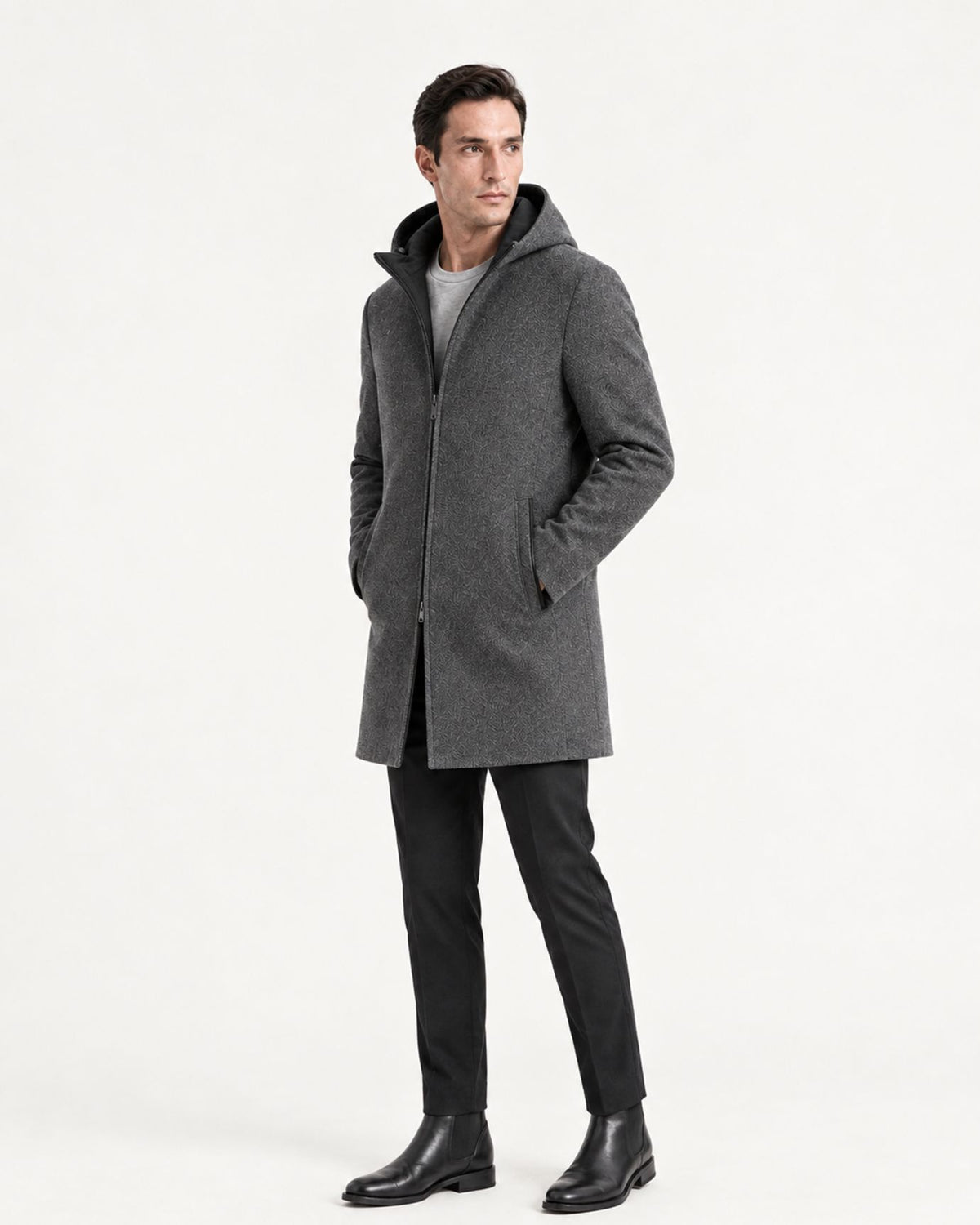Hooded Double-Faced Wool Coat with Down Liner