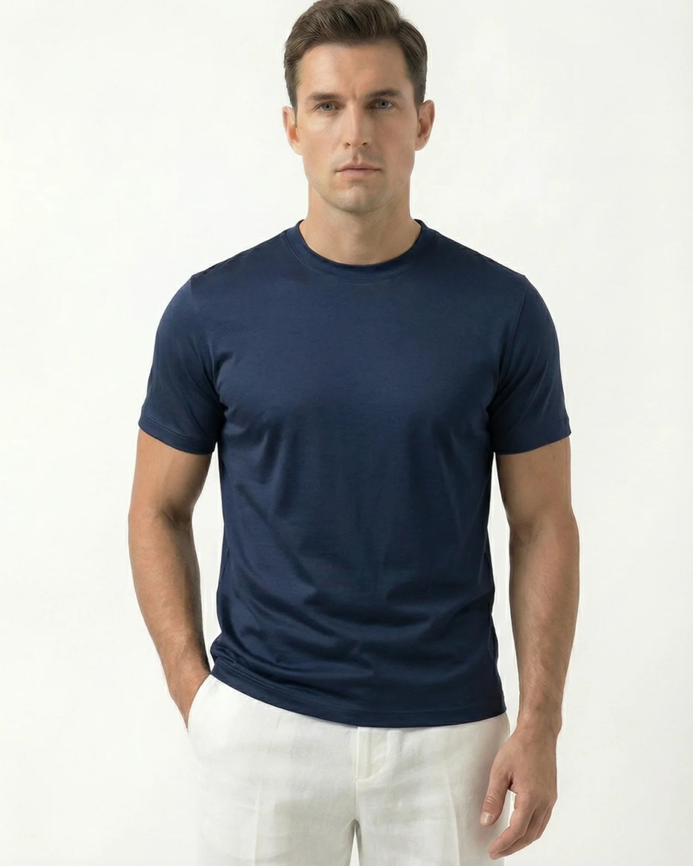High-Count Dark Navy Mercerized Cotton Round Neck Breathable T-Shirt