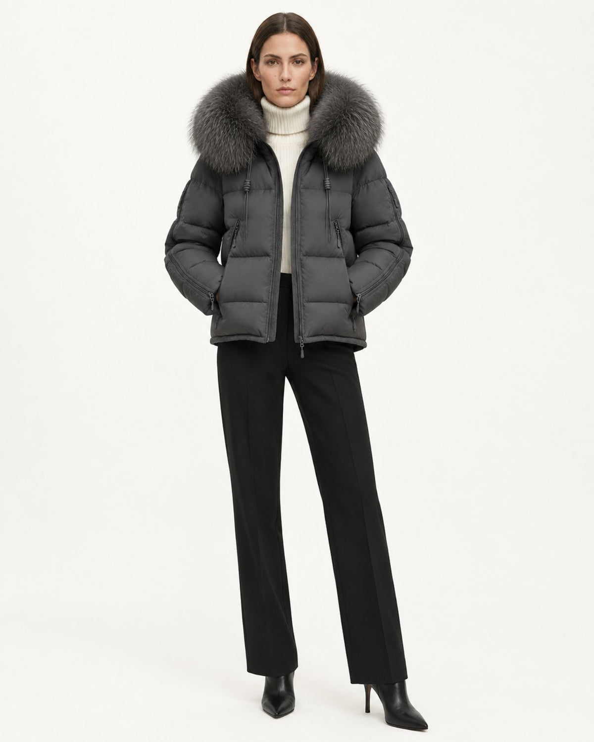 Hooded Down Puffer Coat with Real Raccoon Fur Collar