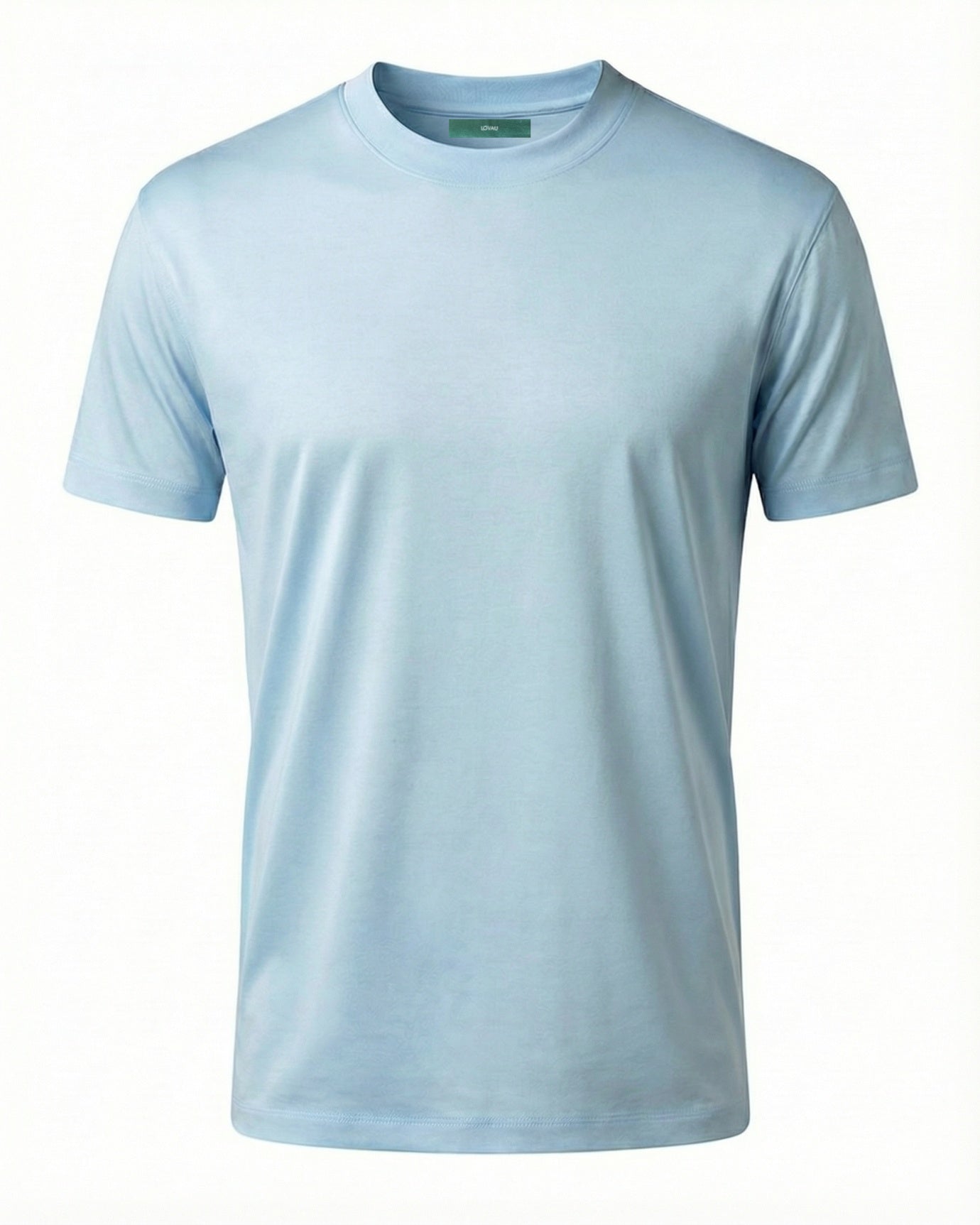 High-Count Light Blue Mercerized Cotton Round Neck Breathable T-Shirt