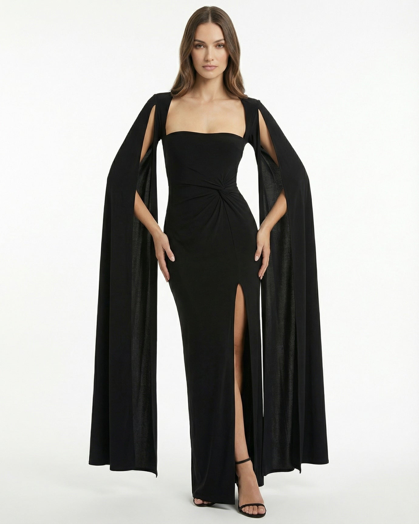 Square Neck Long-Sleeved High Slit Dress