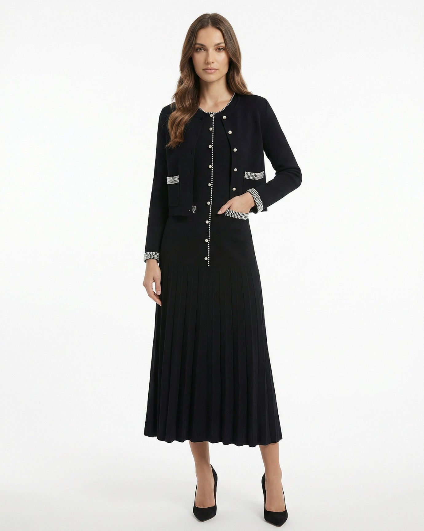 Lina Pearl Stud Knit – Cardigan & Dress Set