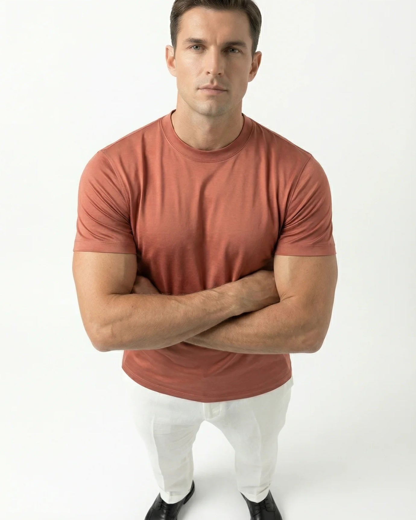 High-Count Red Cream Mercerized Cotton Round Neck Breathable T-Shirt