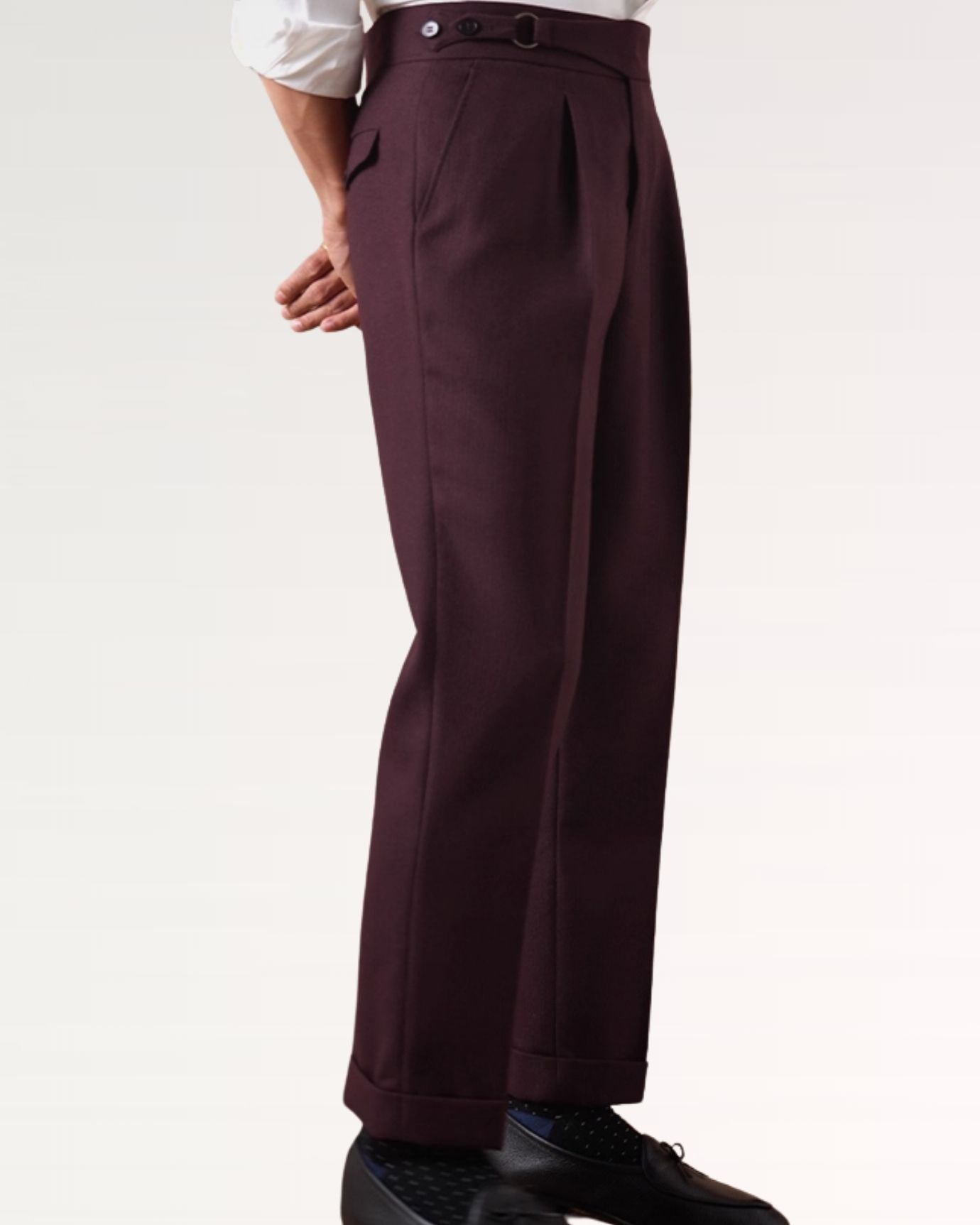 Burgundy red business trousers with high waistband and non-iron fabric

