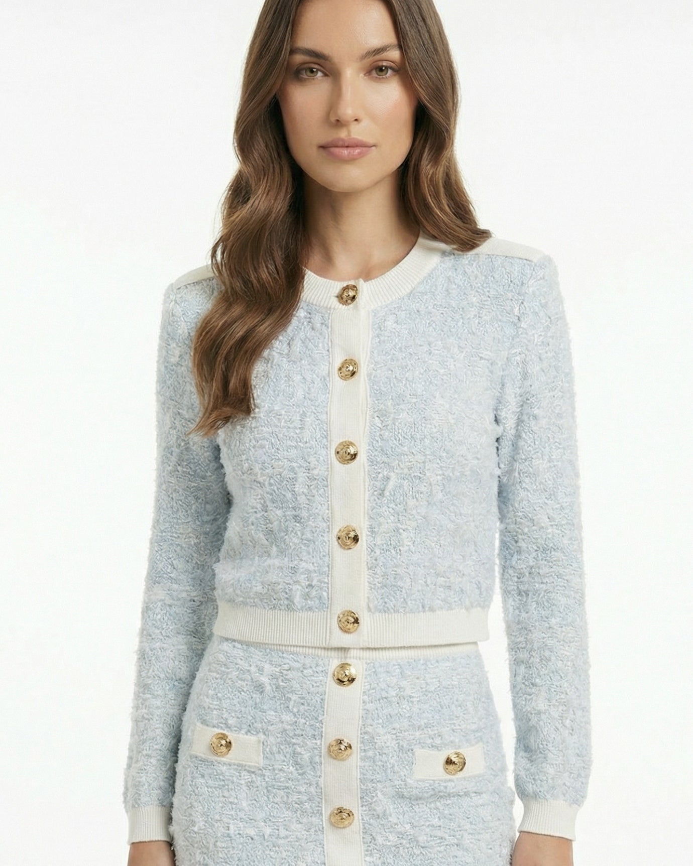 Mandelieur Color-Blocked Short Cardigan Jacket + Pencil Skirt Set