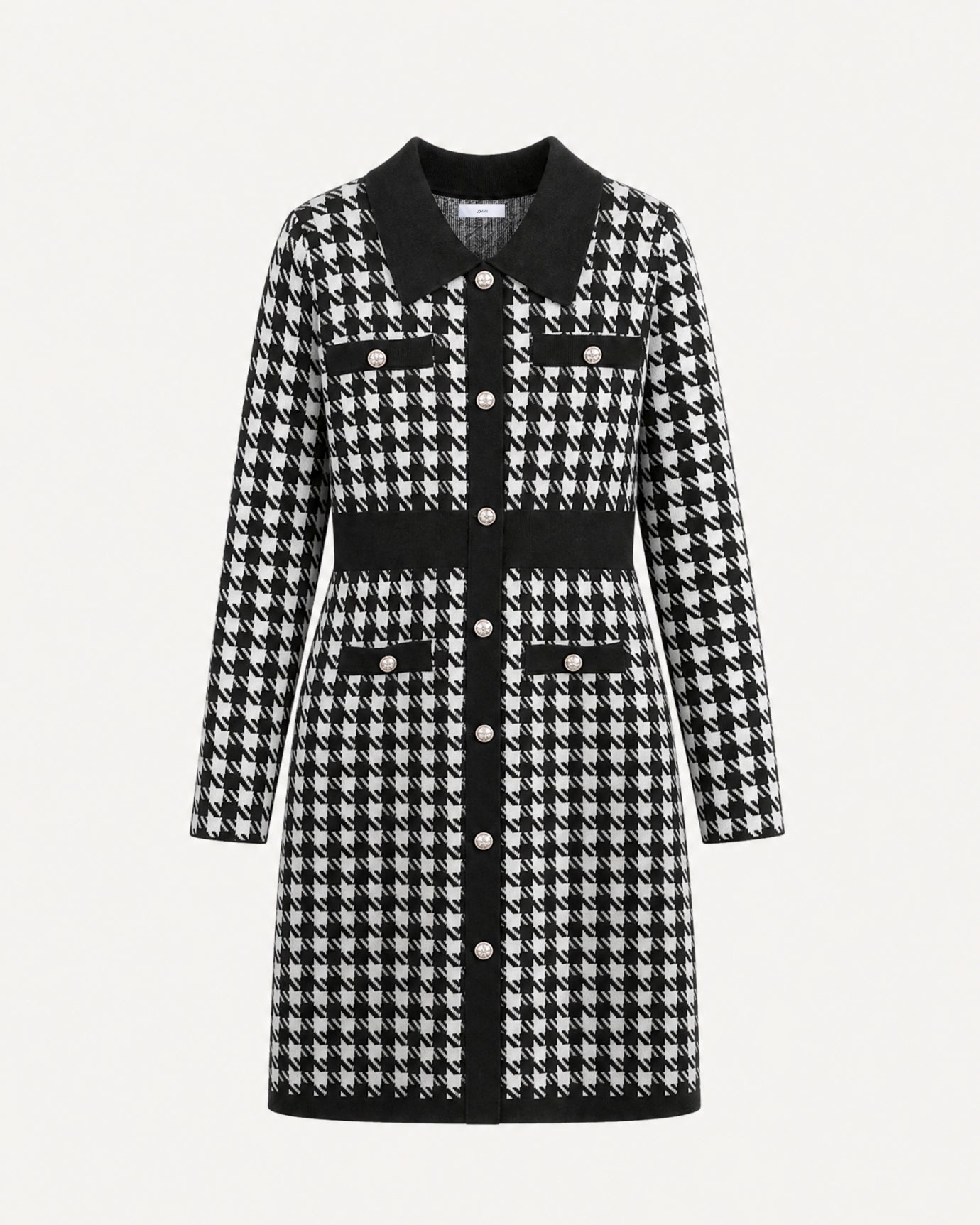Houndstooth Pattern Knit Dress Long Sleeve A-Line