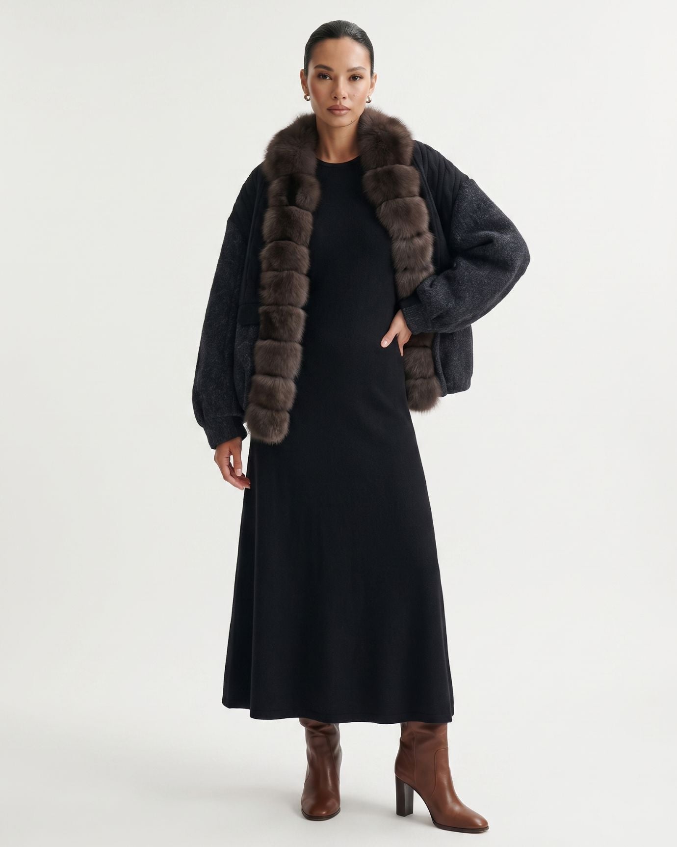 Woolen Knitted Natural Real Fox Fur Collar down Jacket
