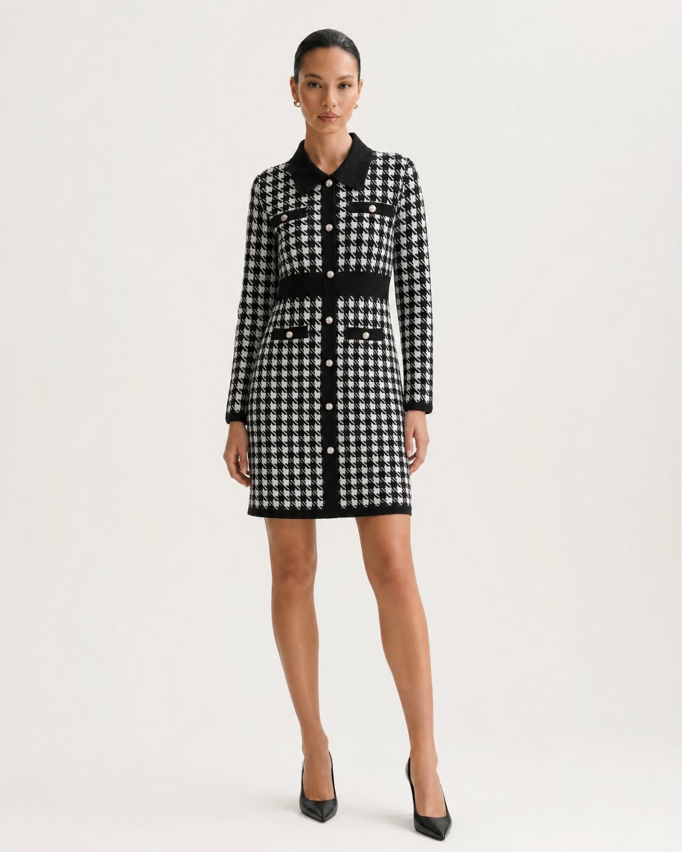 Houndstooth Pattern Knit Dress Long Sleeve A-Line