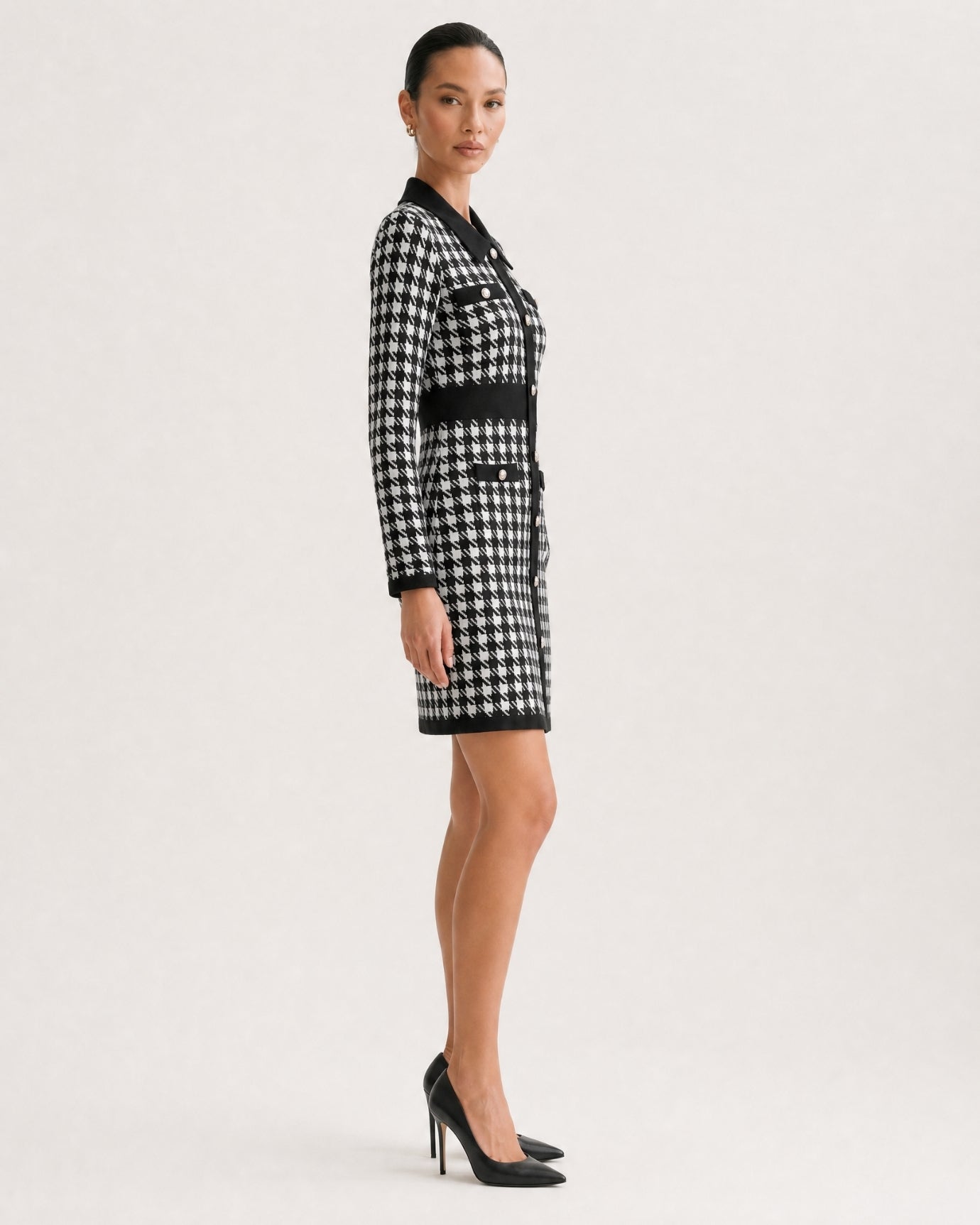 Houndstooth Pattern Knit Dress Long Sleeve A-Line