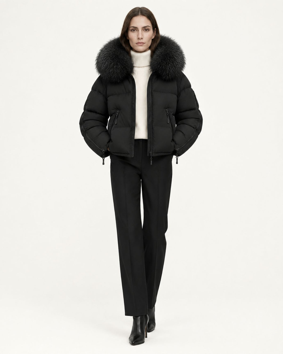 Hooded Down Puffer Coat with Real Raccoon Fur Collar