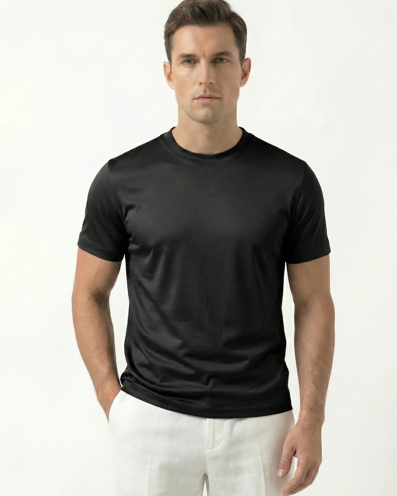 High-Count Black Mercerized Cotton Round Neck Breathable T-Shirt