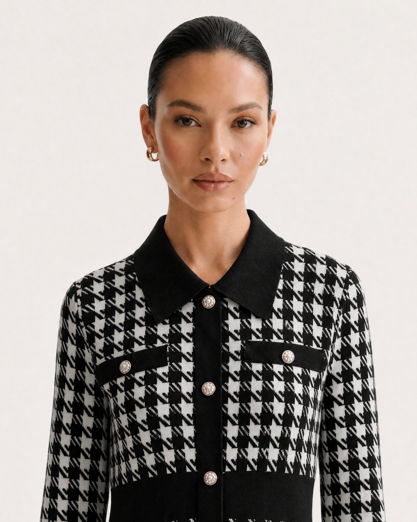 Houndstooth Pattern Knit Dress Long Sleeve A-Line