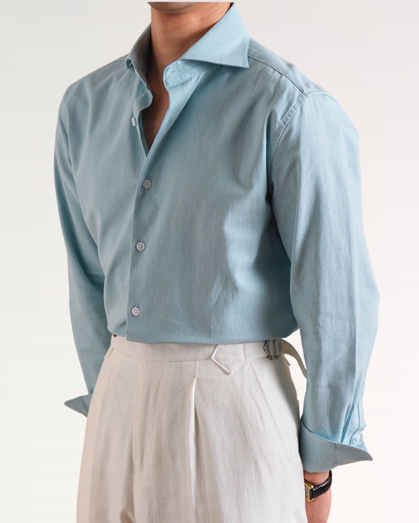 Side view highlighting classic silhouette and natural fabric weave
