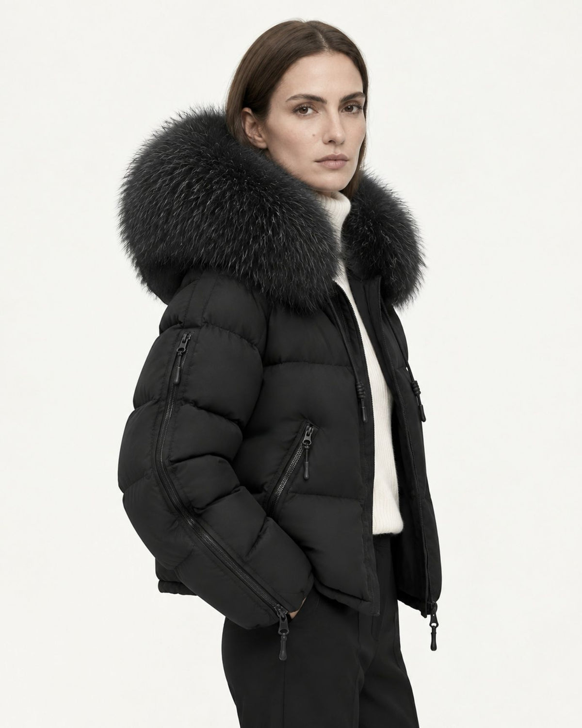 Hooded Down Puffer Coat with Real Raccoon Fur Collar