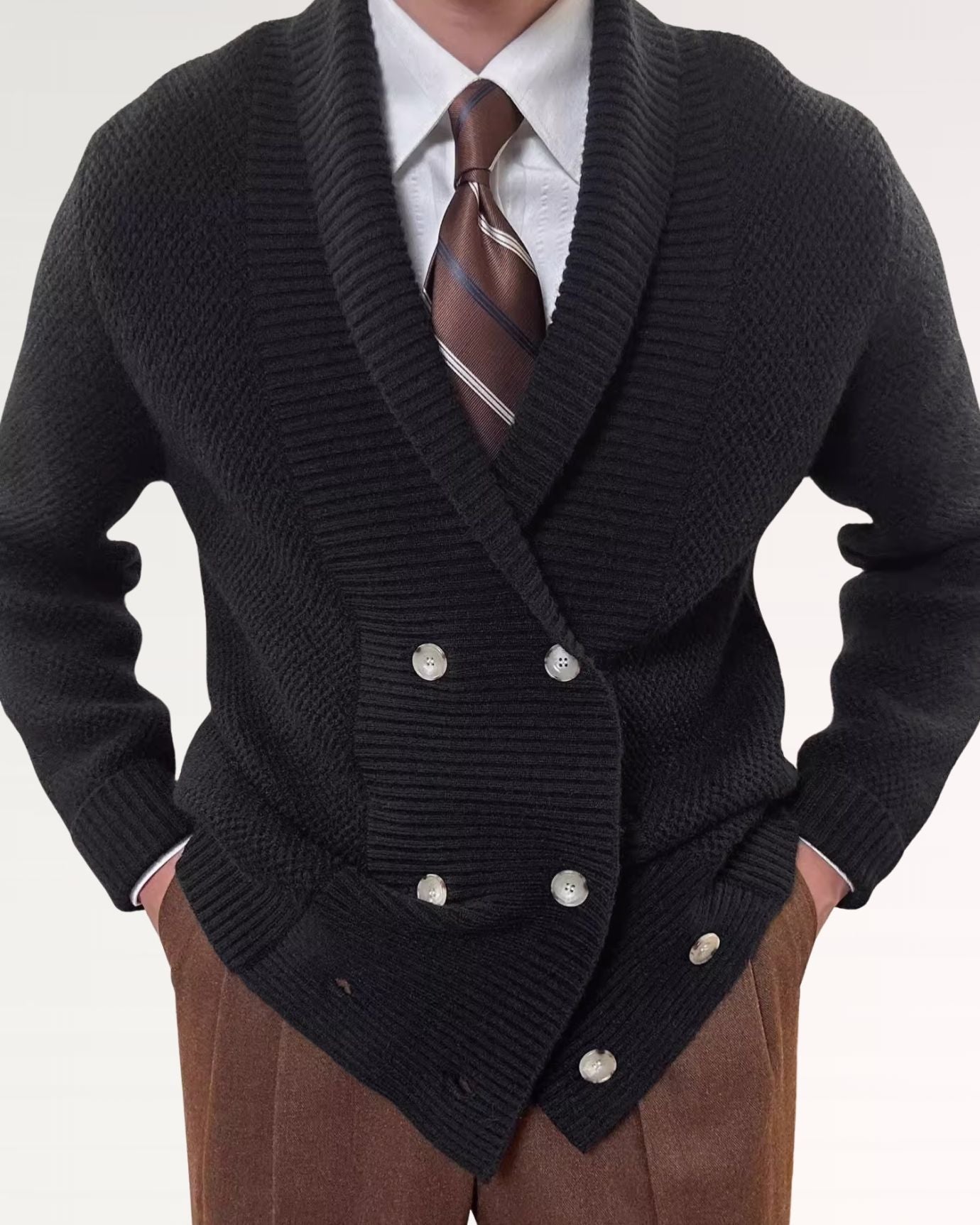 Front view of thick knitted cardigan featuring ribbed collar and button closure
