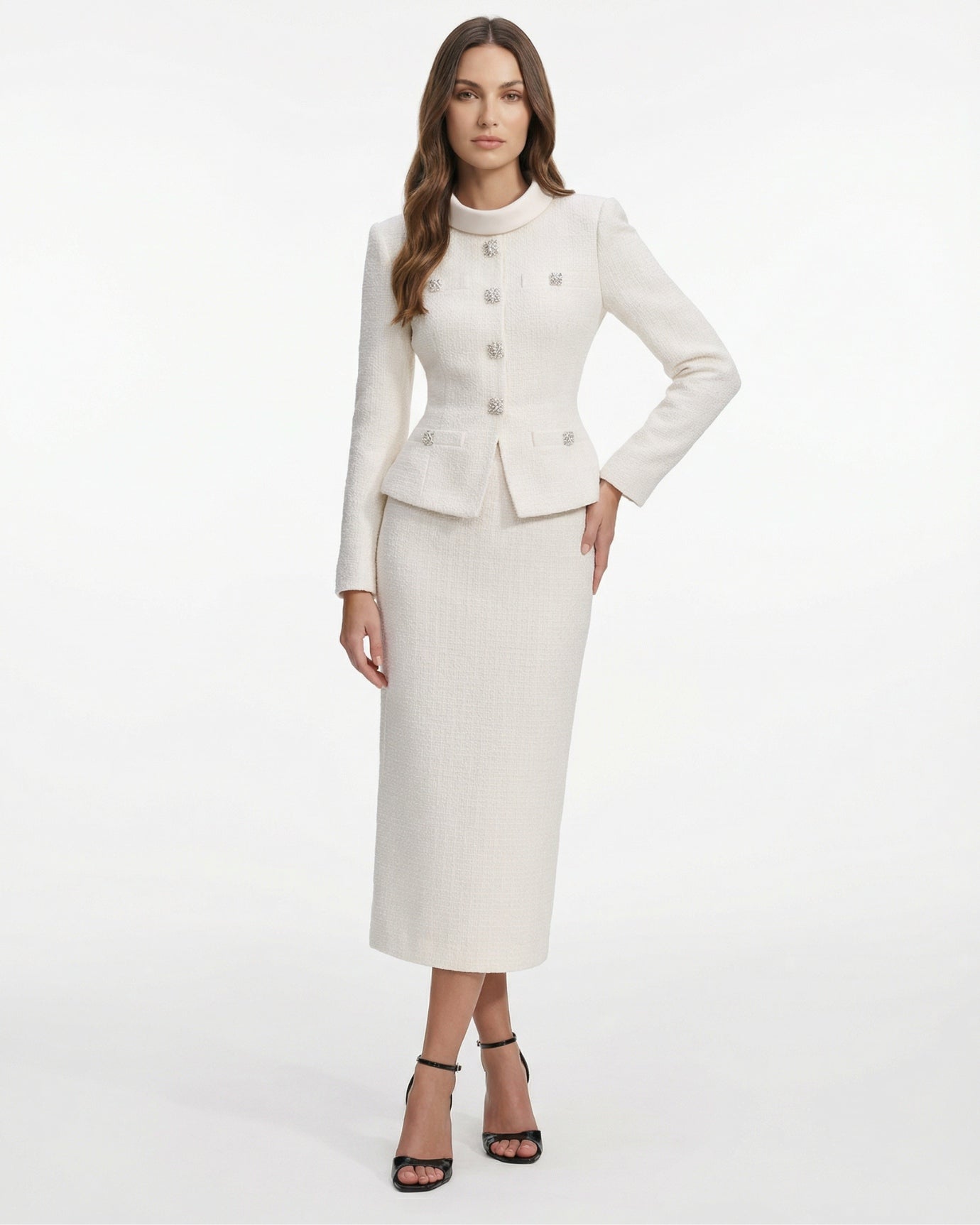 Textured Dress Suit Set Collar Diamond Top & Waist