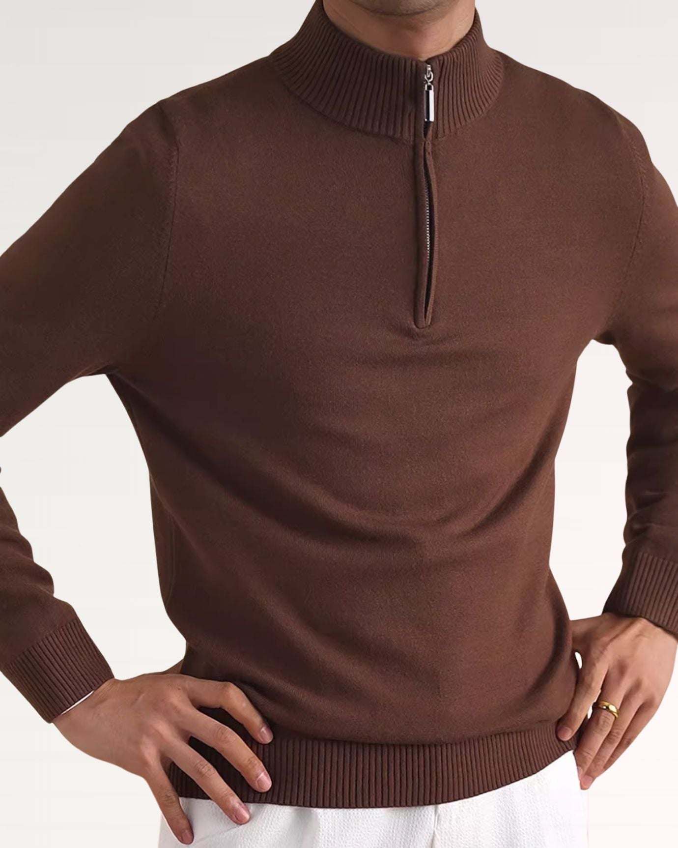 Classic business casual sweater with front zipper, long sleeves, and clean silhouette for versatile wear