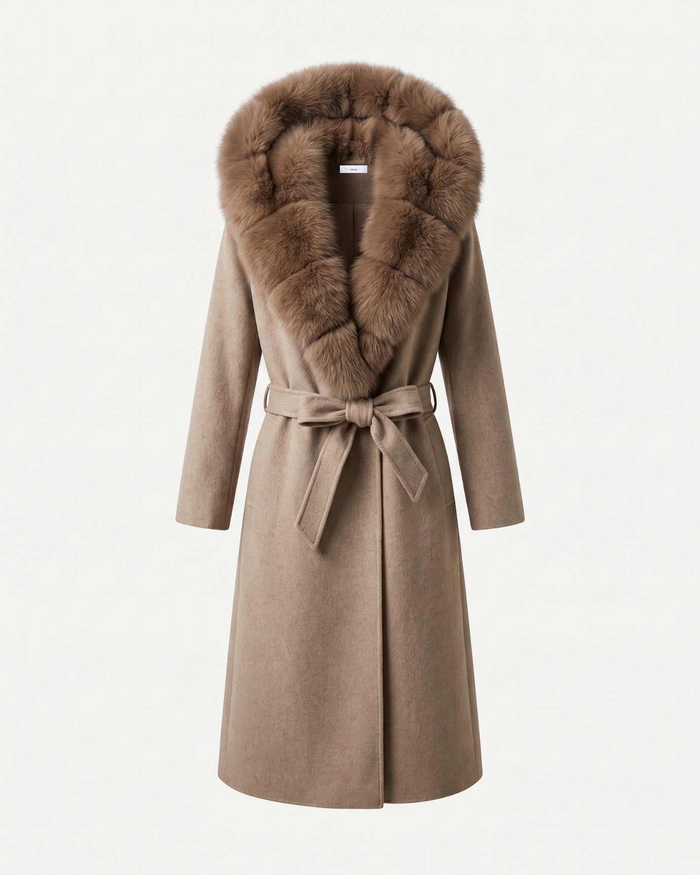 Nevada Wool Coat Real Fox Fur Collar Long Belted