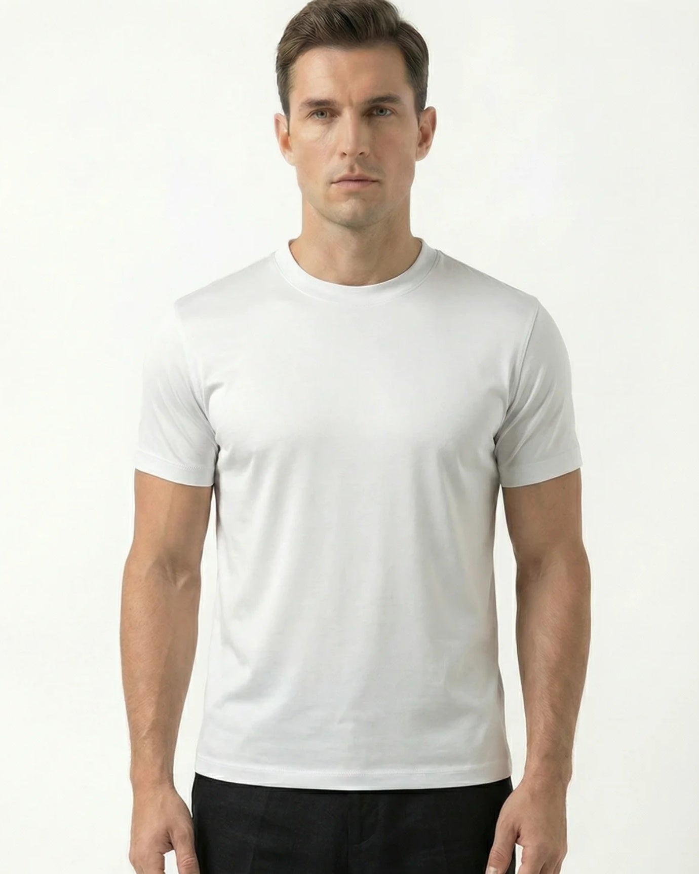 High-Count White Mercerized Cotton Round Neck Breathable T-Shirt