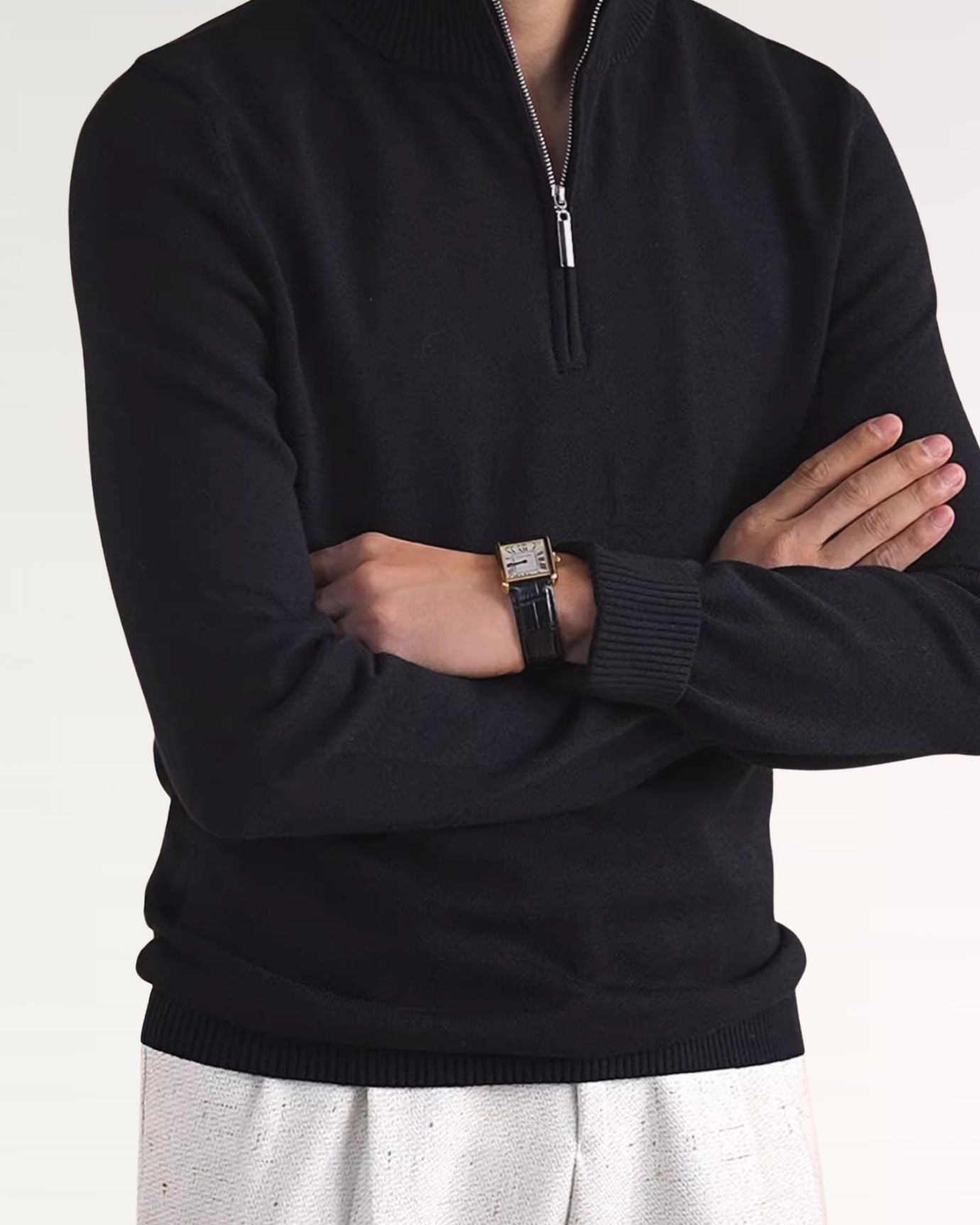 Modern business casual sweater with zip closure and balanced proportions for a clean, professional look