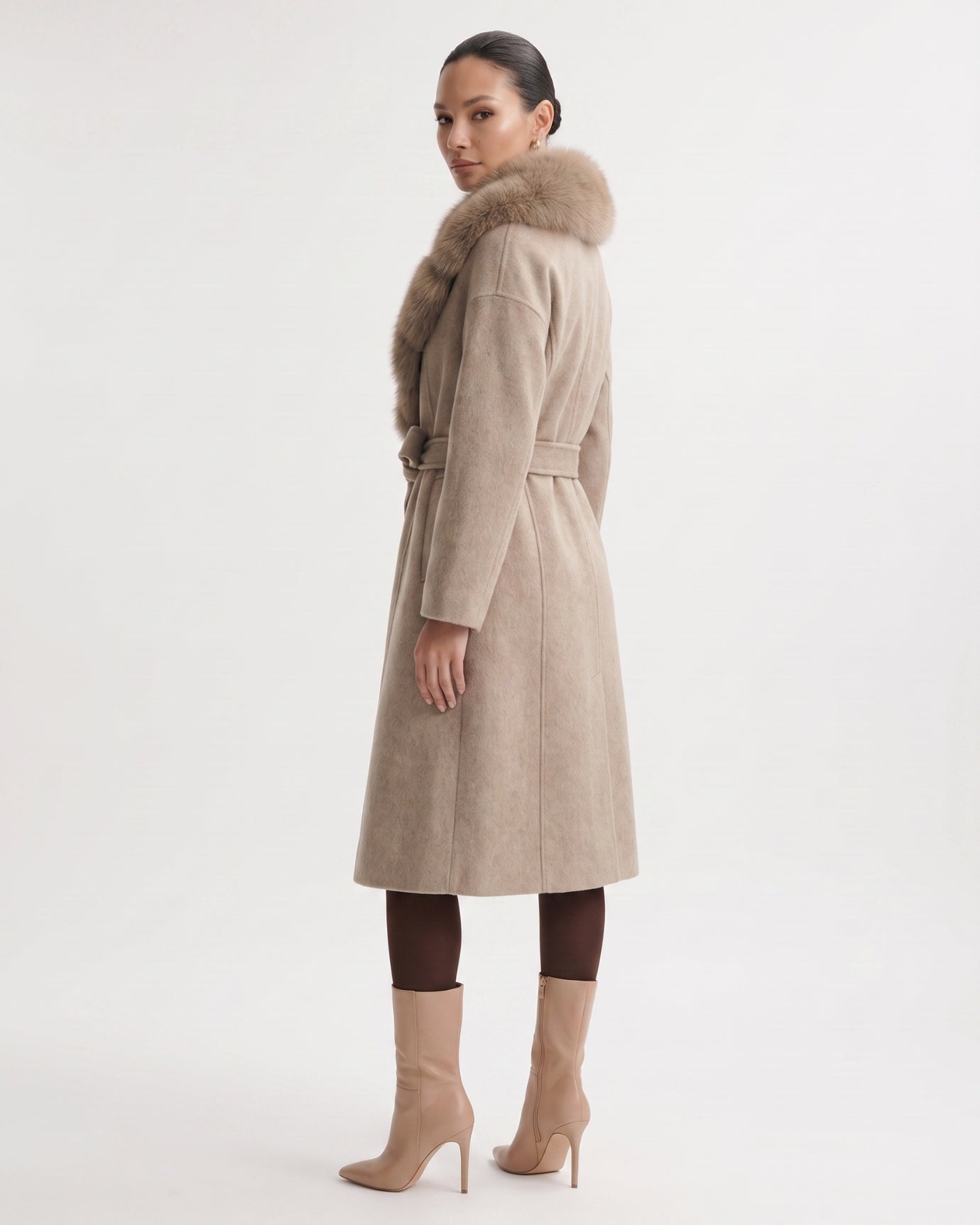 Nevada Wool Coat Real Fox Fur Collar Long Belted
