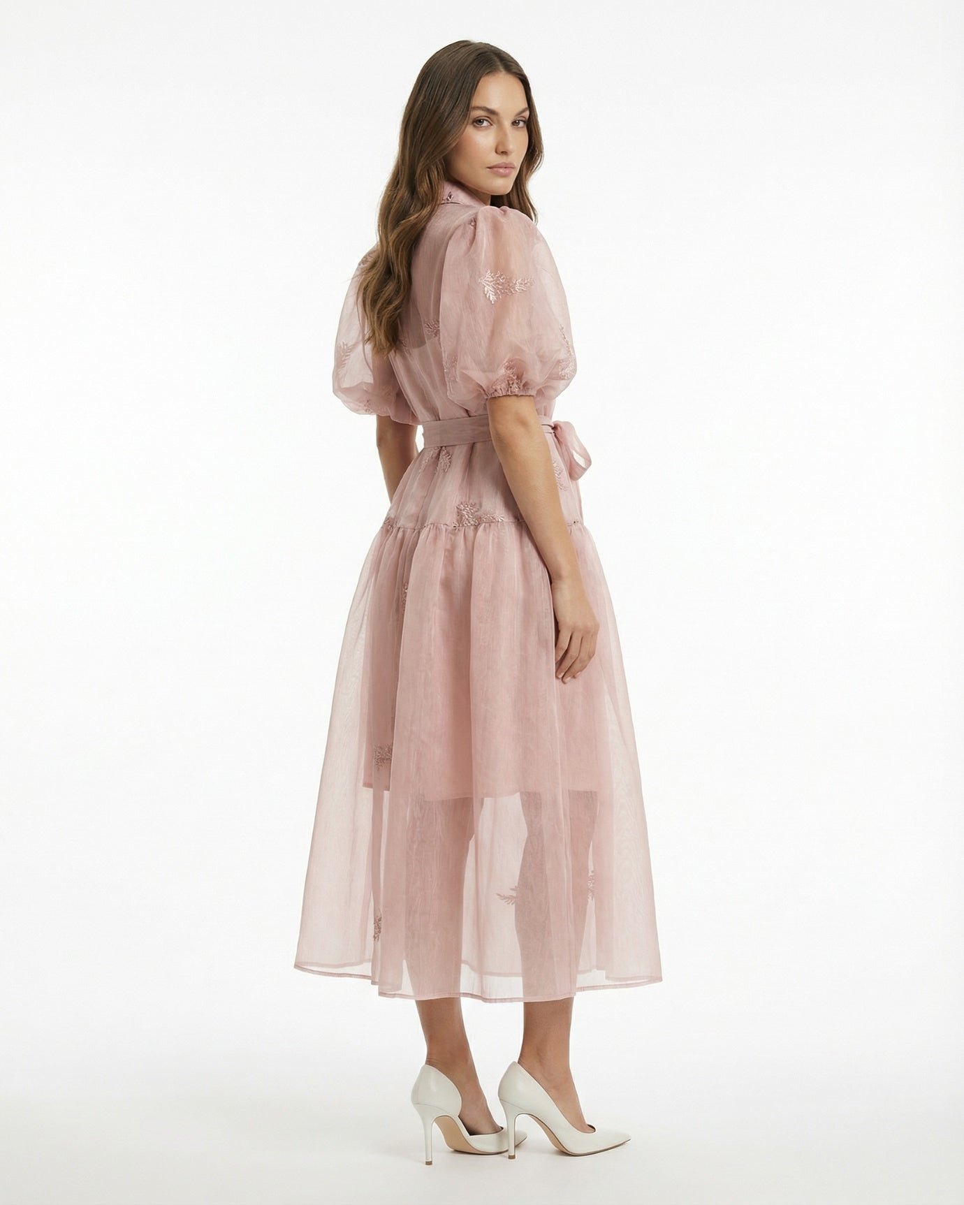 Long Embroidered Dress — Lapel Collar & Tie Waist Detail