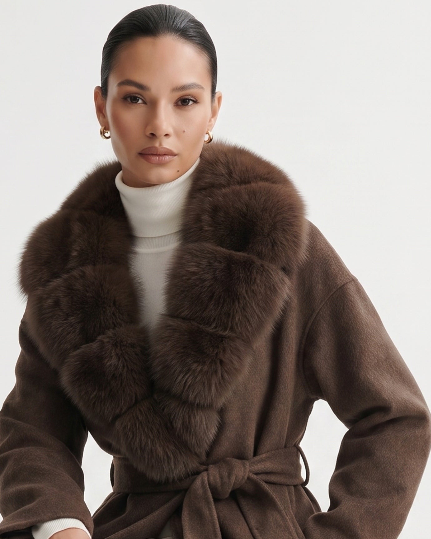 Nevada Wool Coat Real Fox Fur Collar Long Belted