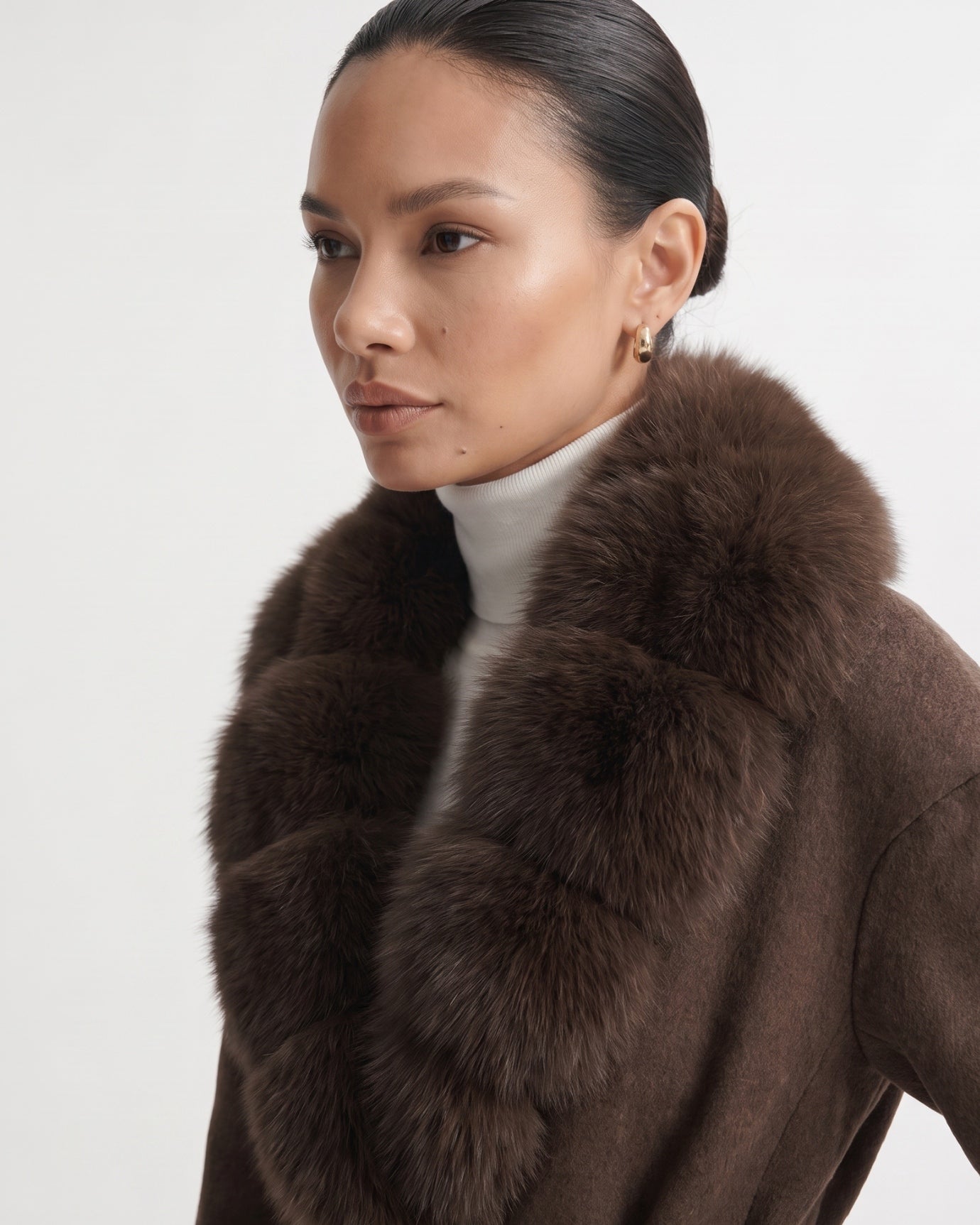 Nevada Wool Coat Real Fox Fur Collar Long Belted