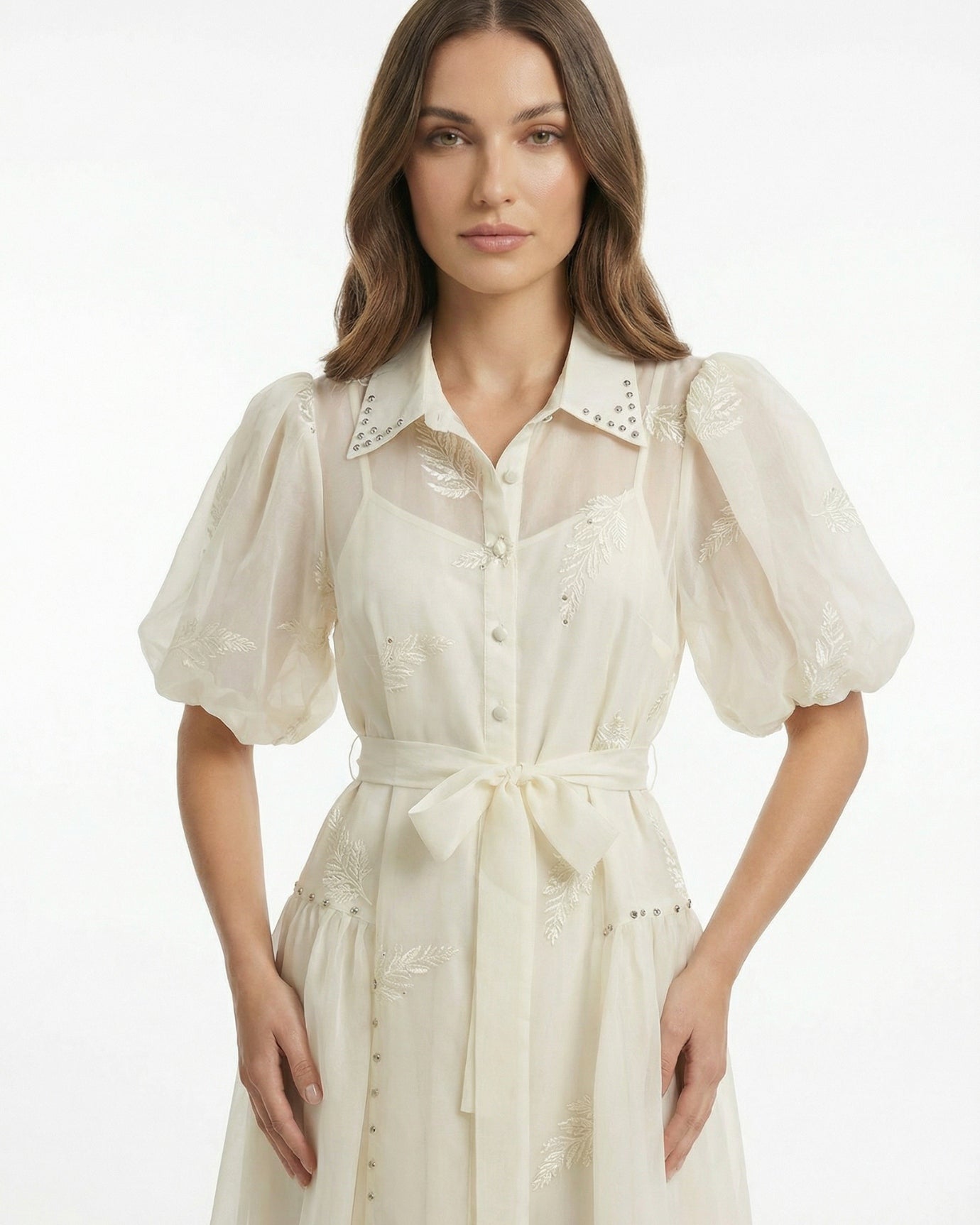 Long Embroidered Dress — Lapel Collar & Tie Waist Detail