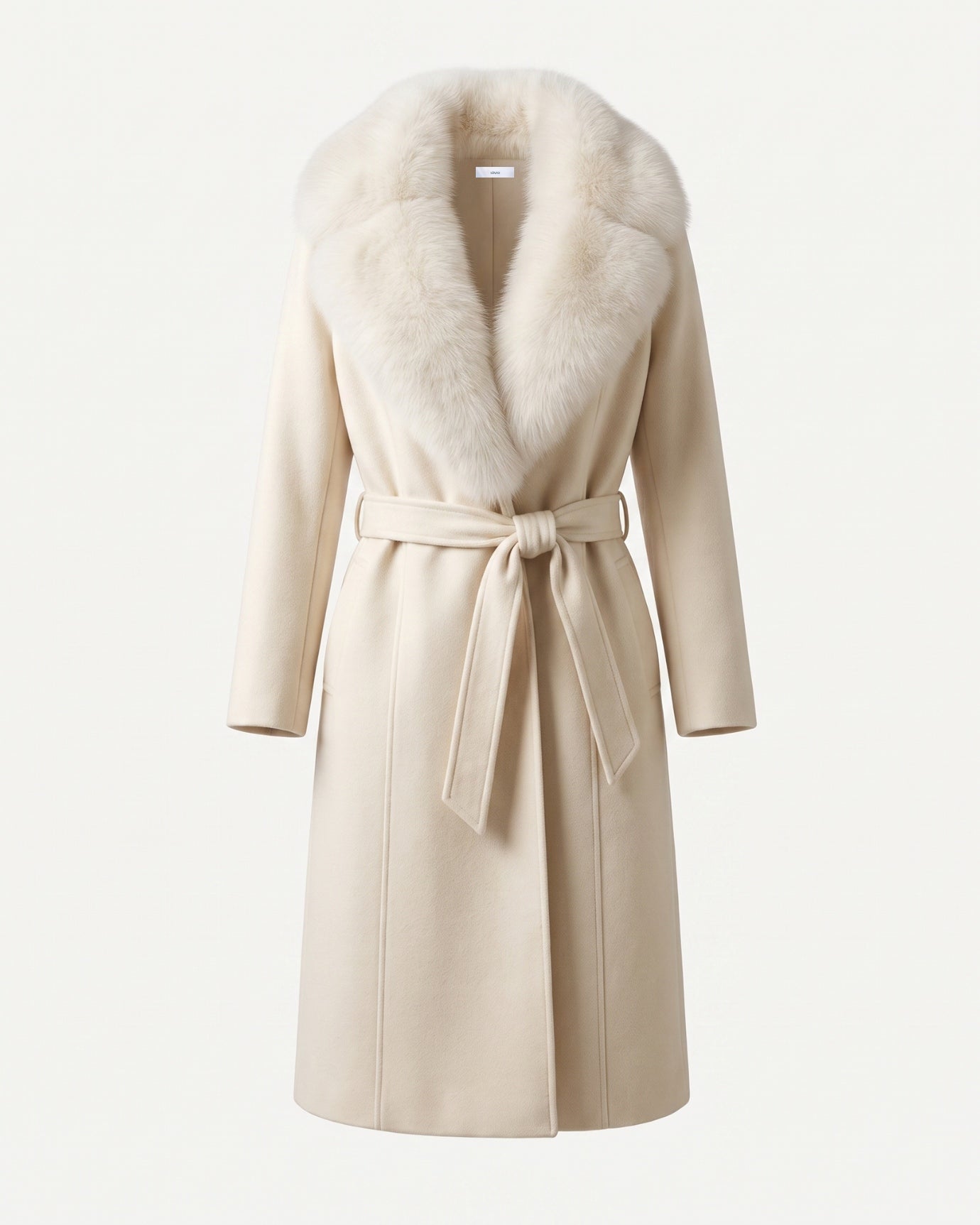 Nevada Wool Coat Real Fox Fur Collar Long Belted