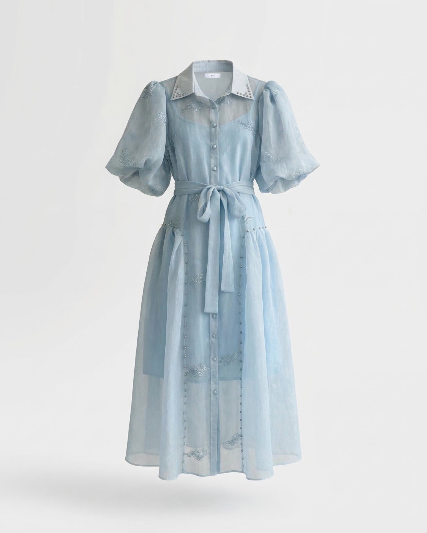 Long Embroidered Dress — Lapel Collar & Tie Waist Detail