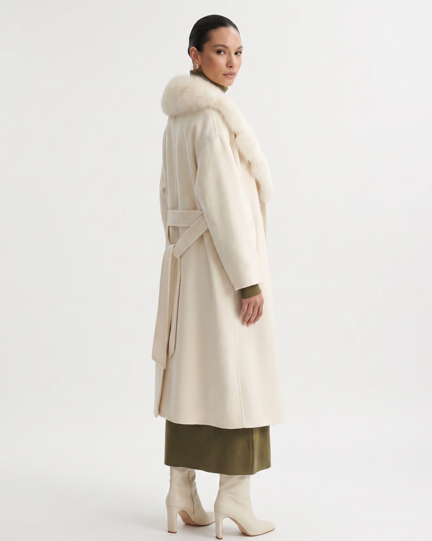 Nevada Wool Coat Real Fox Fur Collar Long Belted