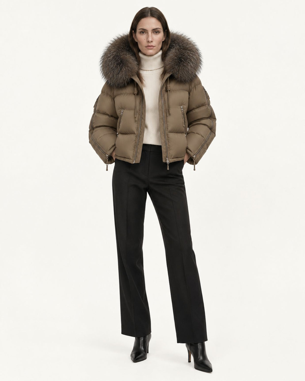 Hooded Down Puffer Coat with Real Raccoon Fur Collar